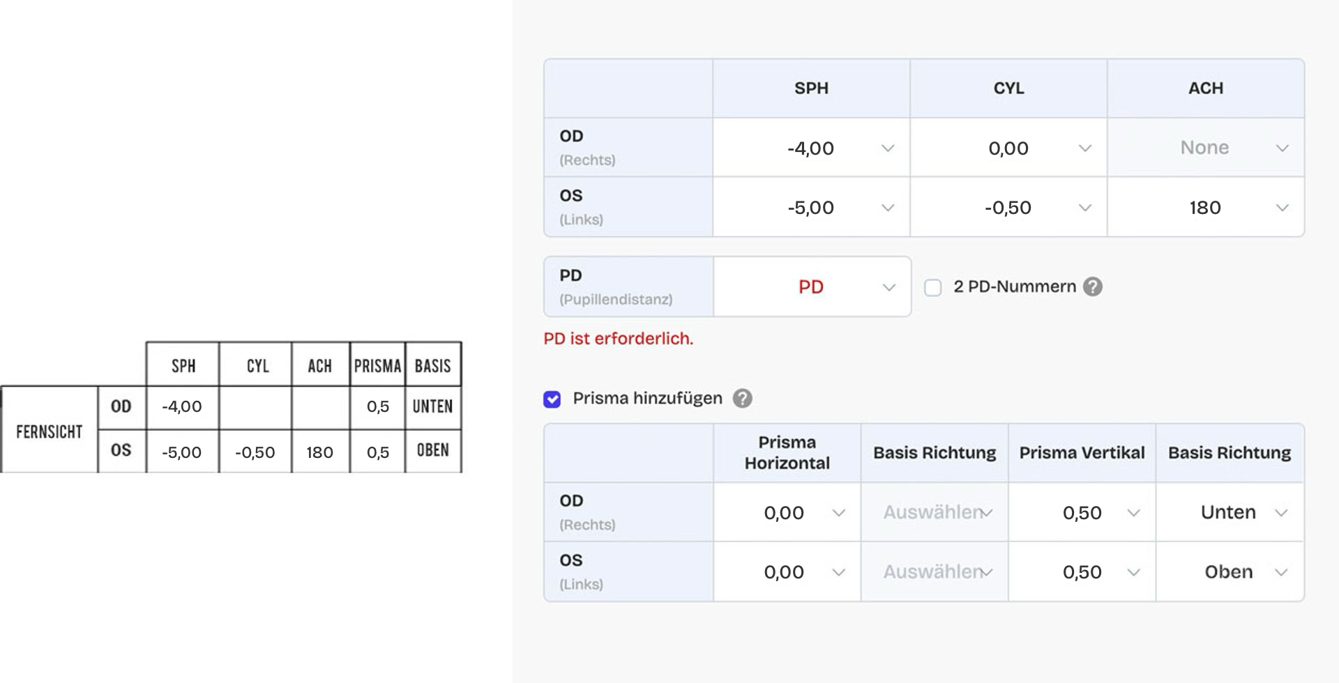 Beispiel für Einstärkenbrille-Rezept mit Prisma 1